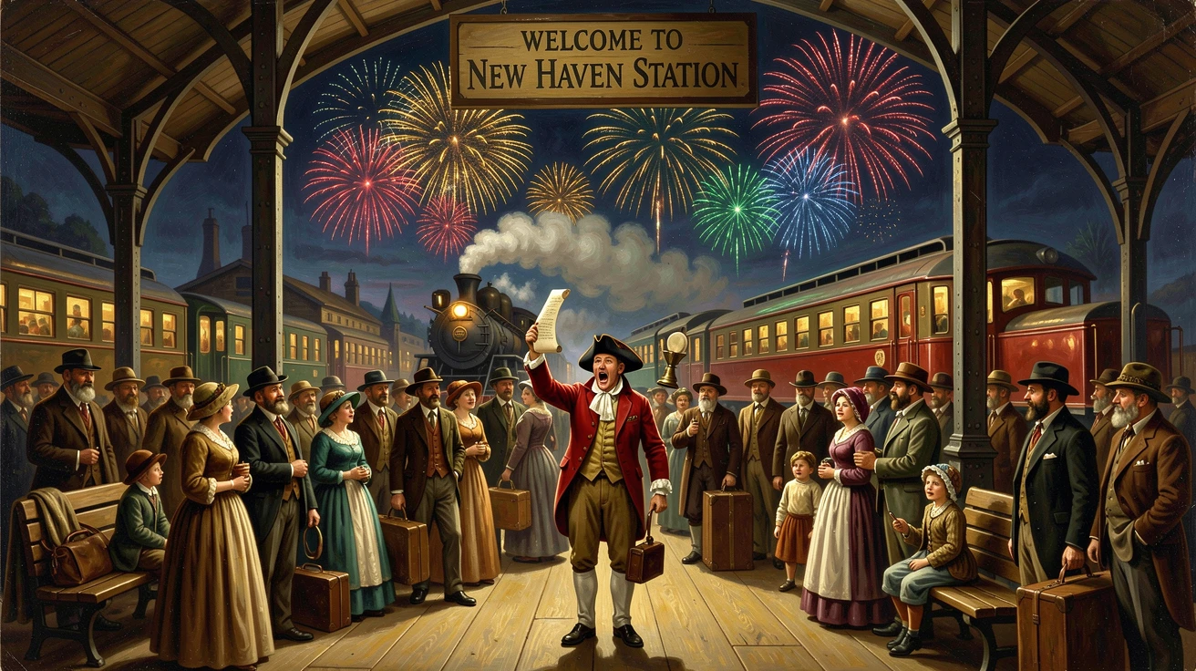 A town crier fills a busy train station platform beneath a sky full of fireworks.
