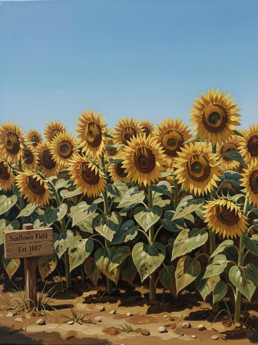 A summer sunflower field in full bloom beneath a bright blue sky, with warm, inviting light glowing throughout the scene, capturing the warmth, joy, and magic of the season