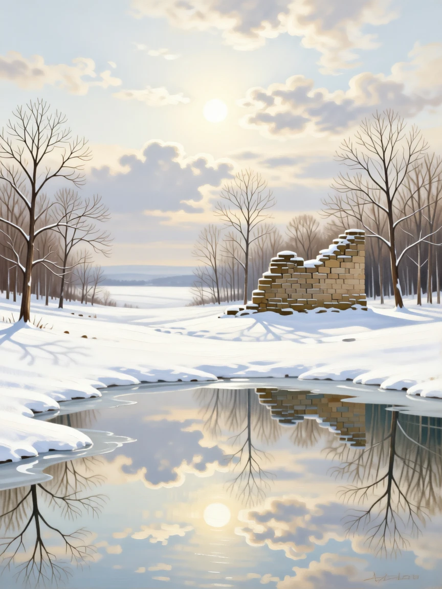 A snow-covered forest clearing beneath a pale winter sun stretching endlessly toward a hazy, distant horizon, set beside the remnants of an old stone wall or ruin, with clouds mirrored perfectly in still, glassy water; a single striking element anchors an otherwise open, breathing composition, filled with calm, restorative beauty.