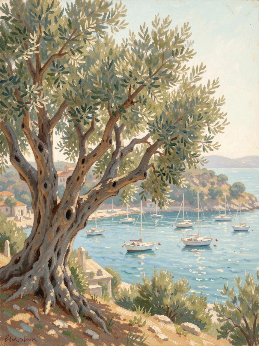 A hillside cemetery of ancient olive trees overlooking a sunlit Greek harbor dotted with white boats, radiating serenity and gentle stillness.