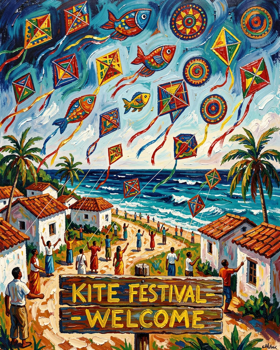 A colorful kite festival filling the sky above a coastal Indian village.