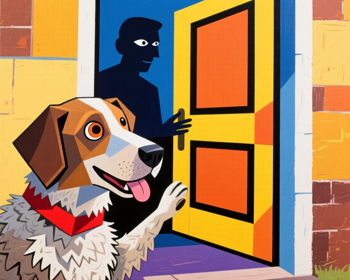 A charming close-up of a loyal old sheepdog greeting its owner at the front door with excitement on a bright afternoon.