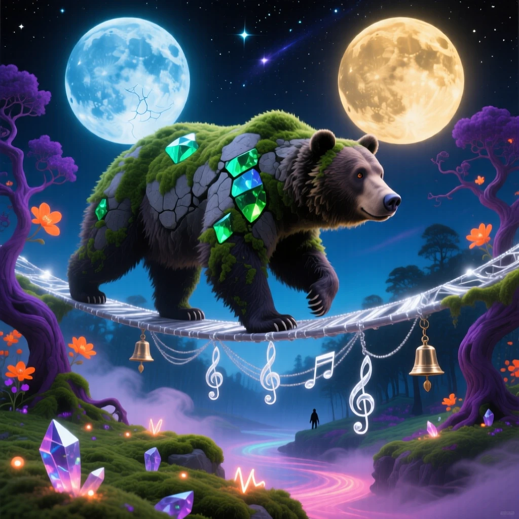 A bear made of moss and stone walking through a quiet glade walks across a bridge suspended between two moons, while soft chimes seem to ring with each of its movements.