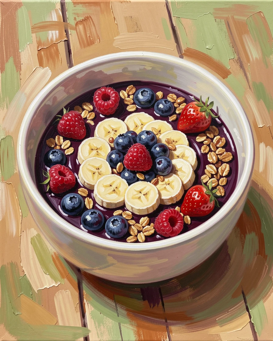 A vibrant Brazilian açaí bowl is topped with fresh banana, granola, and berries, arranged in a beautiful spiral pattern, a sense of warmth and hospitality conveyed through the careful arrangement of the meal.