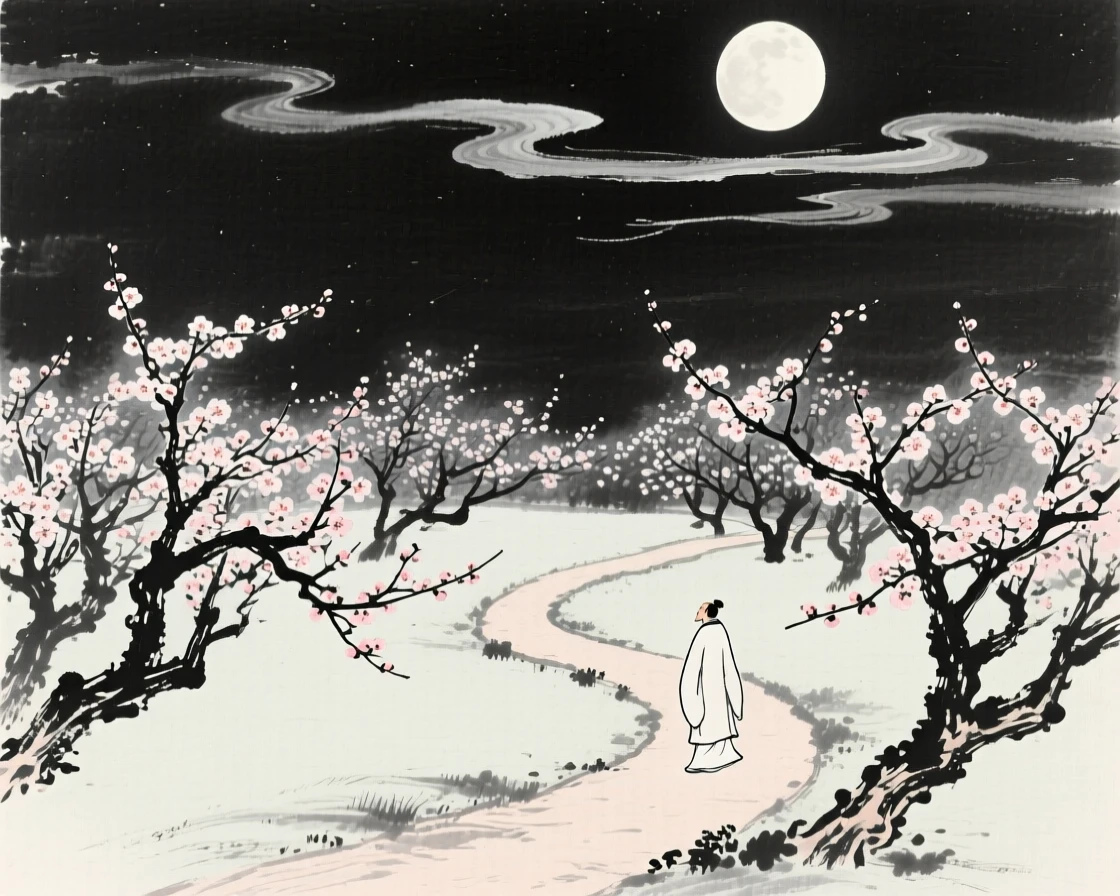 A lone figure walks along a moonlit garden path beneath blossoming trees, with clouds drifting slowly across the night sky.