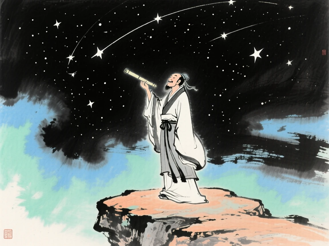 An ancient astronomer observing the stars from a stone platform at night, suffused with quiet joy.