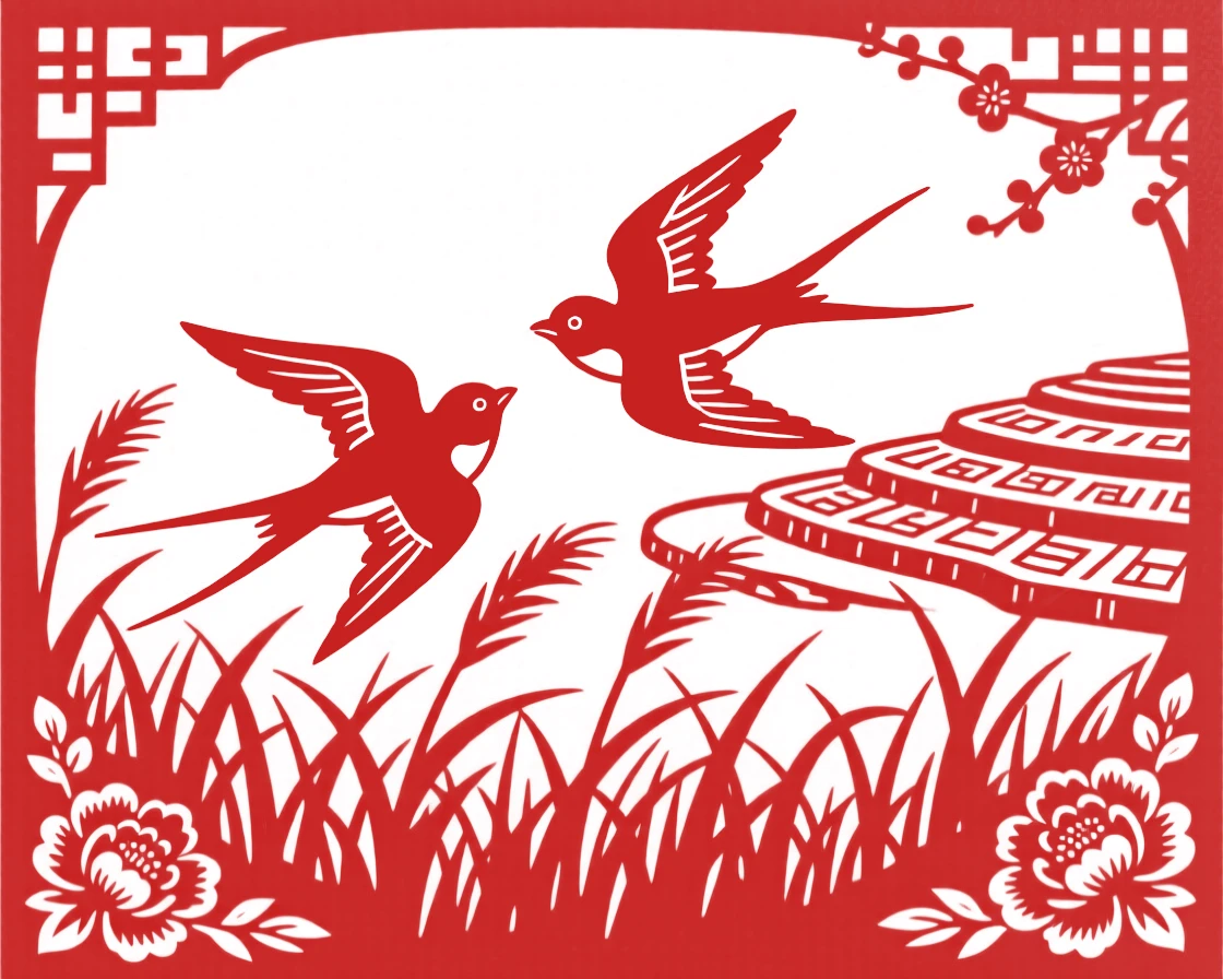 A pair of swallows, leaping through a field of tall grass, set against a backdrop of distant terraced fields.