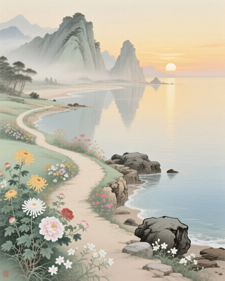 A coastal path lined with wildflowers at sunrise, reflections of the mountains rippling in still water