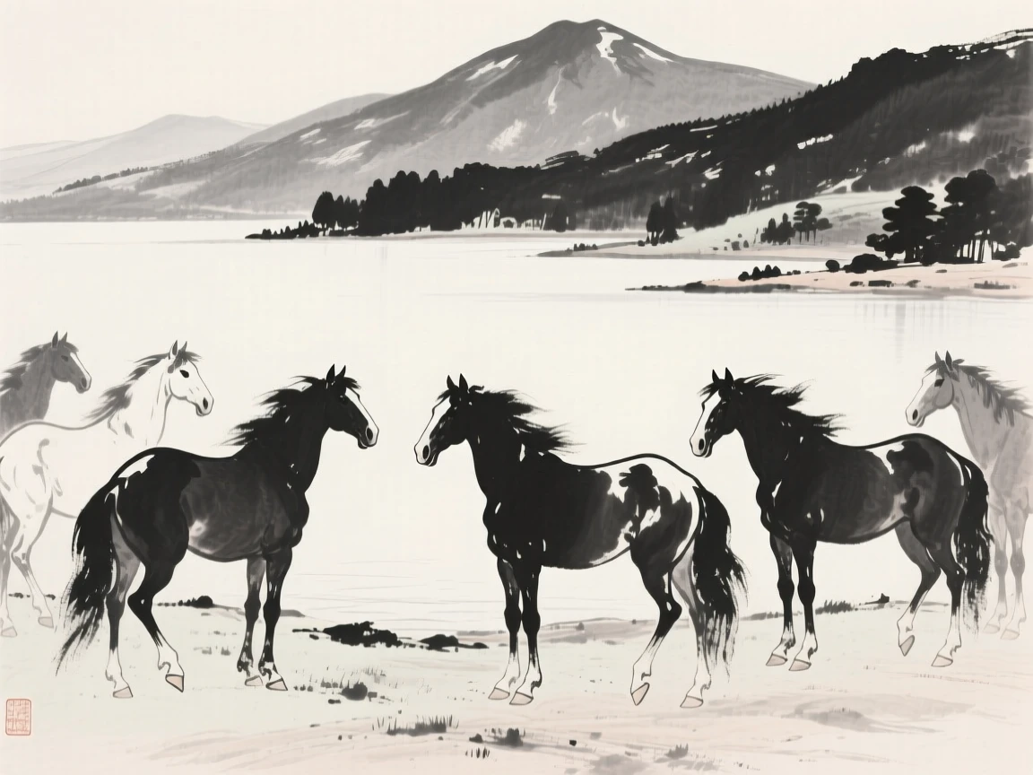 A herd of wild horses pausing at the edge of a quiet clearing beside a tranquil mountain lake, framed low to the ground for an intimate, close perspective, conveying quiet strength and natural grace.