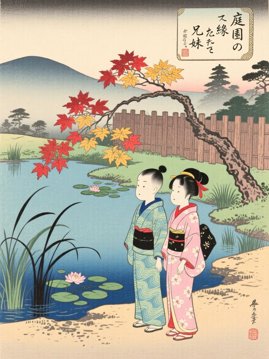 Siblings on a beach at the edge of a garden pond.