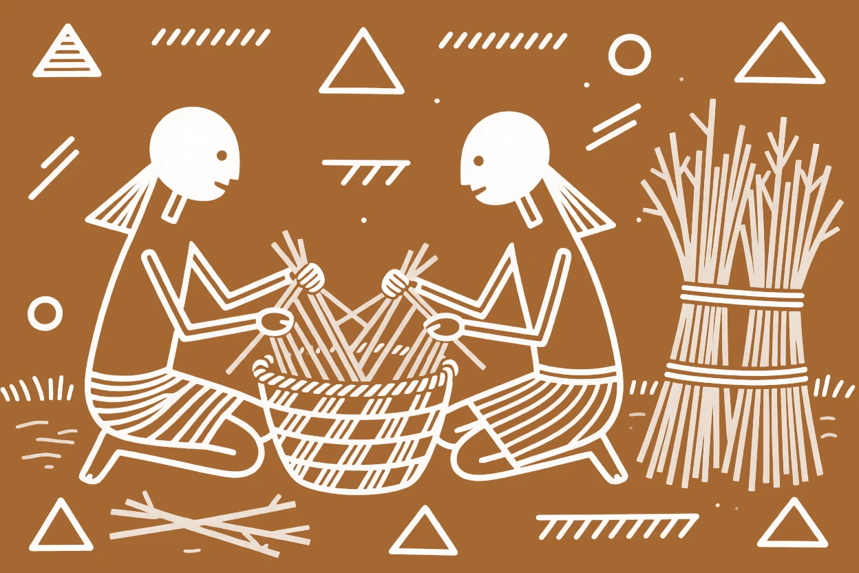 Two farmhands weaving a basket from dried reeds.