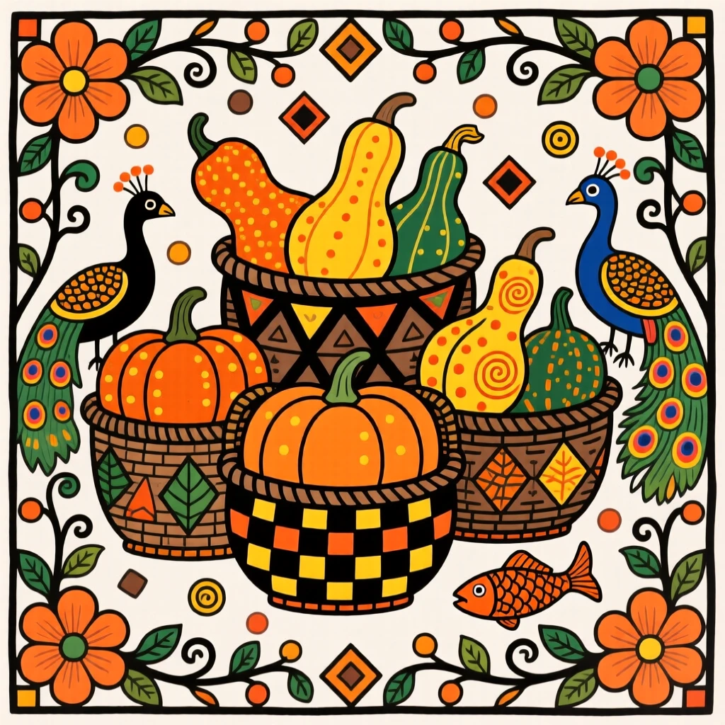 A still life of woven baskets filled with autumn squash and gourds.