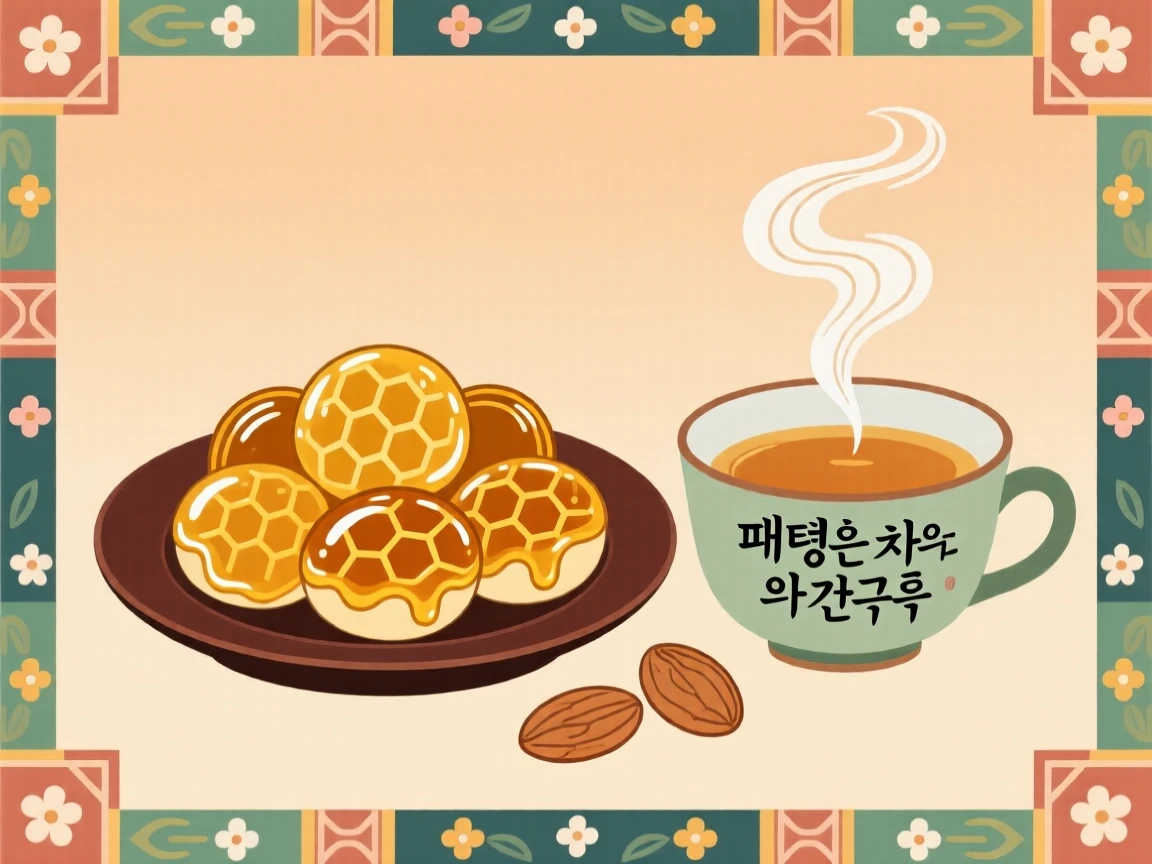 A plate of honey-glazed nuts beside a cup of warm tea.