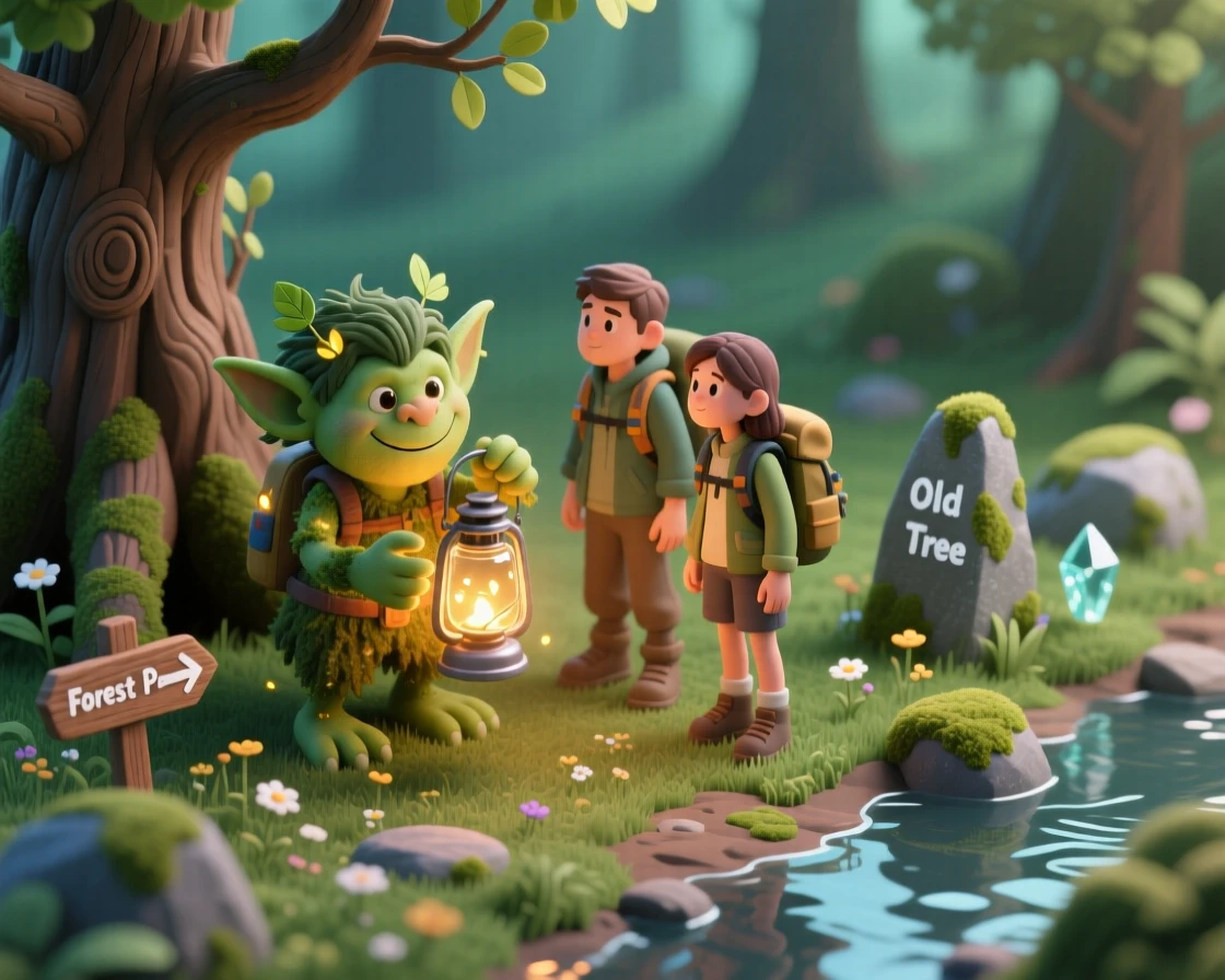 A friendly forest troll helping lost hikers find their way using a lantern made from a firefly jar.