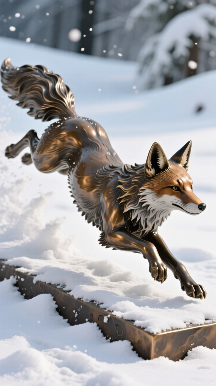 A snowy fox pouncing playfully through fresh powder, rendered with rich, dynamic energy, evoking wonder and majesty