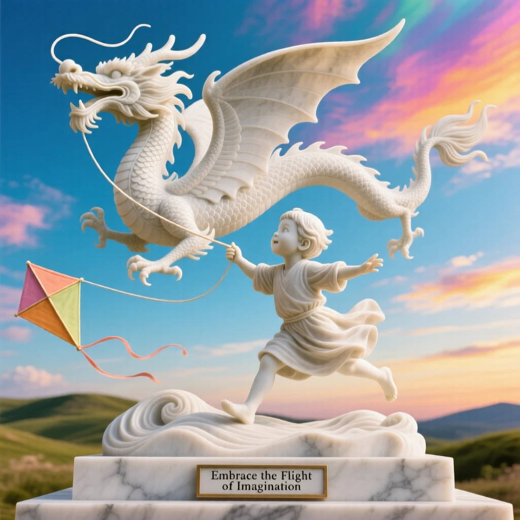 An evocative depiction of a child flying a kite shaped like a dragon, under a brilliant, colorful sky, balancing detail with emotional depth