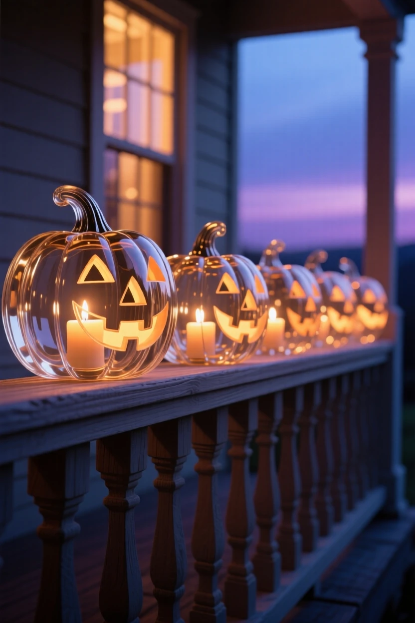 With warm light glowing from every window, a row of carved pumpkins glowing on a porch at dusk