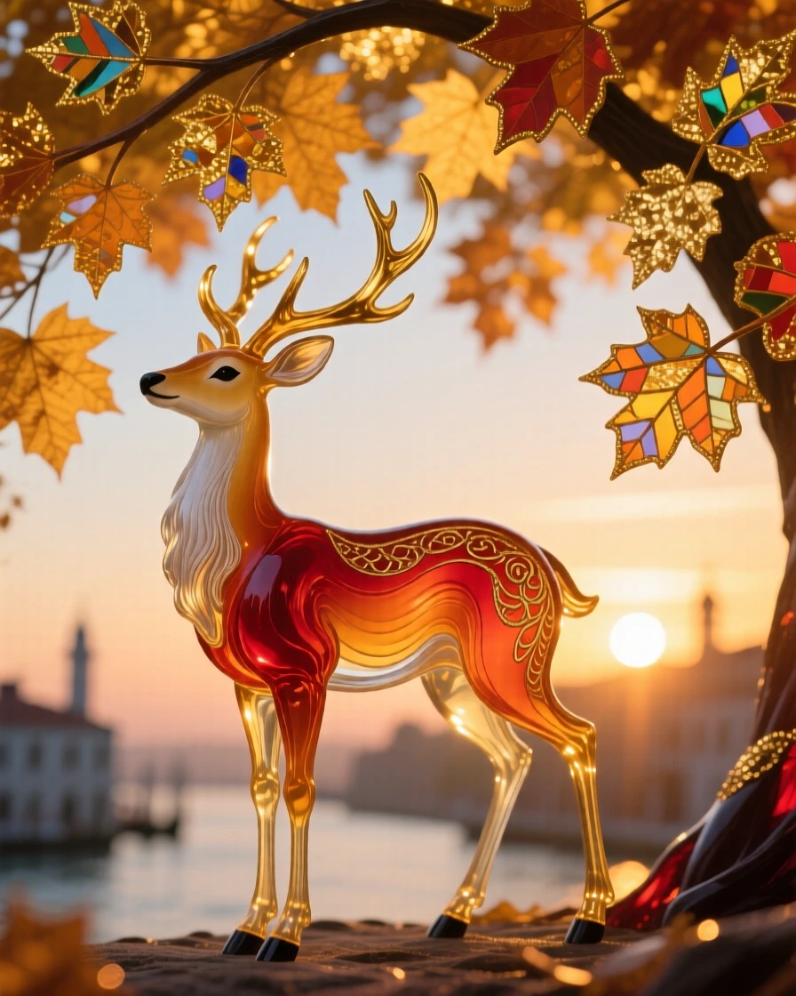 A lone deer standing beneath a canopy of golden autumn leaves at sunrise, serene and majestic.