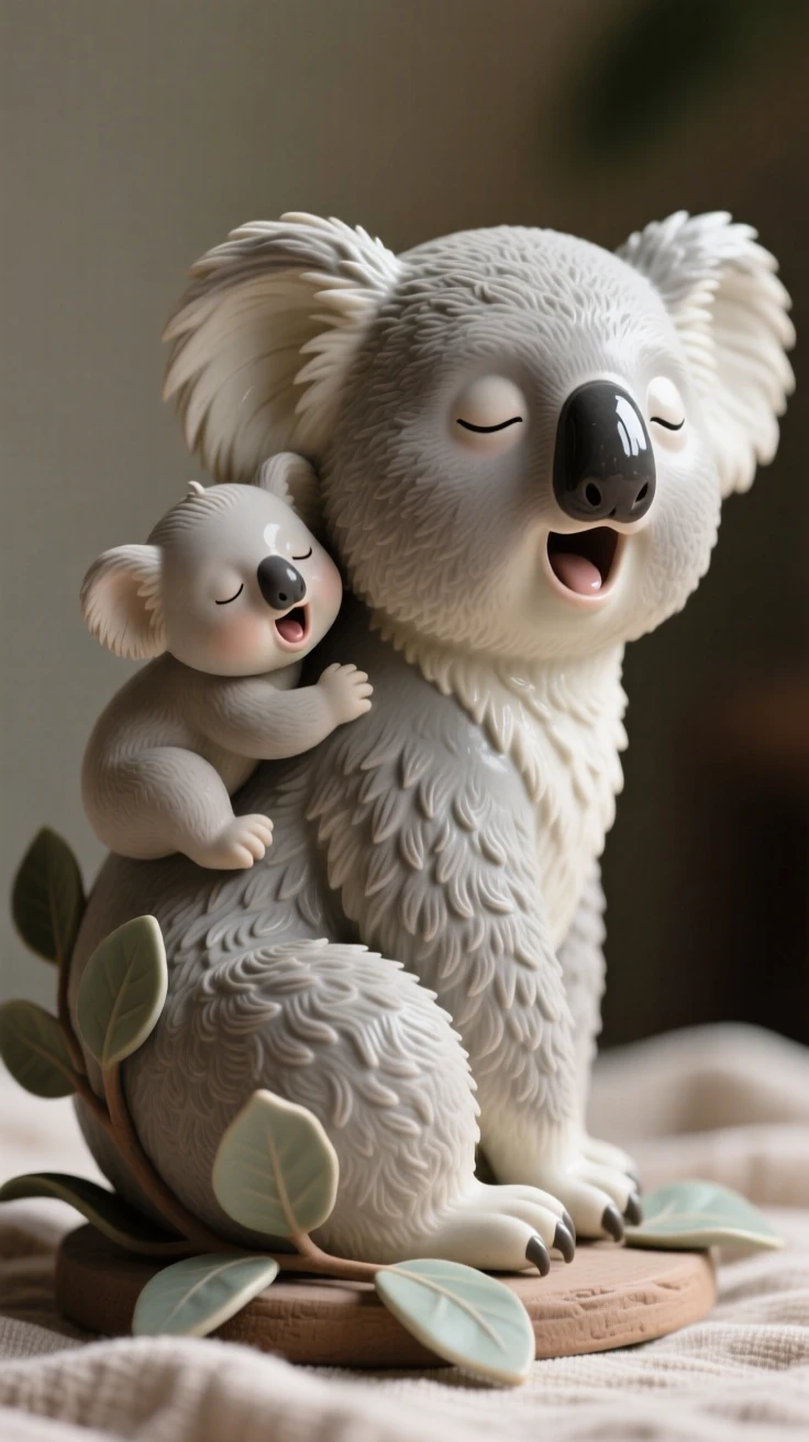A sleepy baby koala clinging to its mother's back captured mid-yawn in a sleepy, sweet moment, surrounded by soft, cozy textures, conveying gentle warmth perfect for any family space.