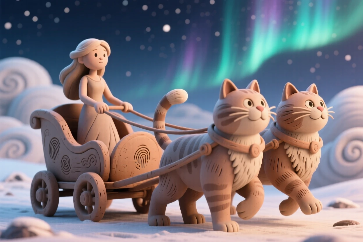 Freya's chariot pulled by two great cats through northern skies