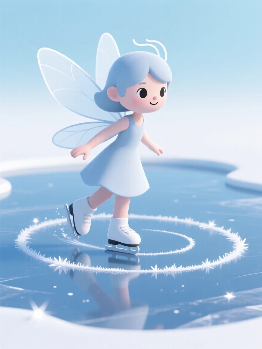 A playful ice fairy skates figure eights across a frozen pond, leaving trails of sparkling frost.