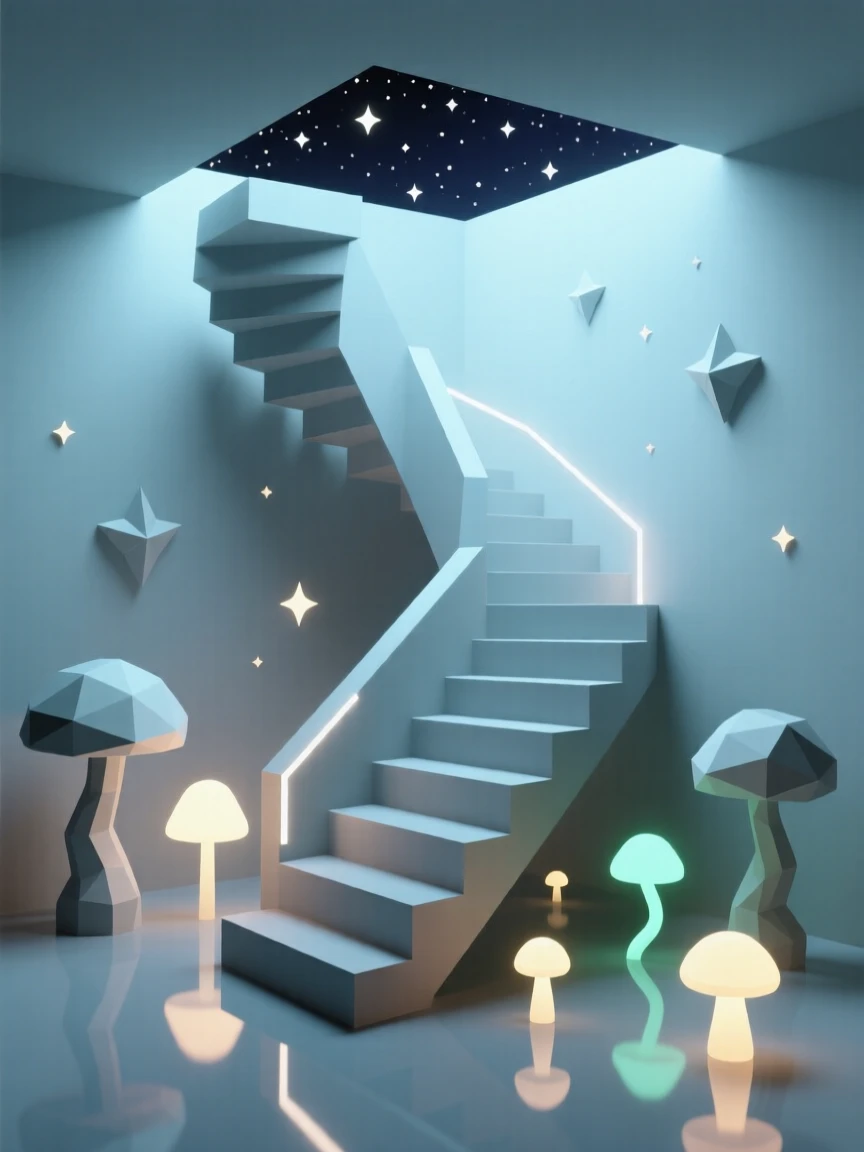 A surreal staircase spiraling into a starry void, surrounded by glowing bioluminescent light. reflections and light rays add a layer of visual depth. A sense of quiet wonder fills the cosmos.