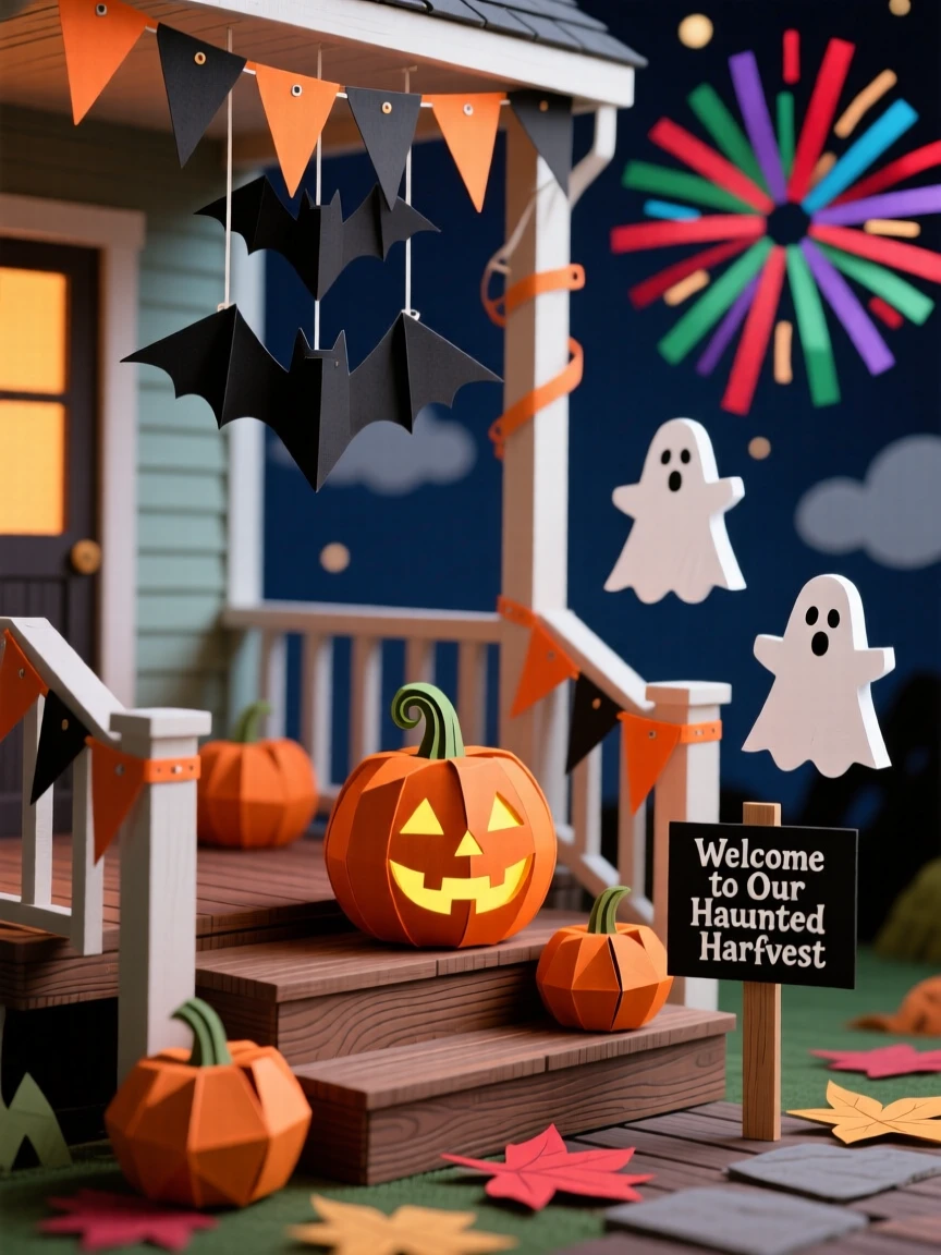 A spooky Halloween porch display bustling with festive cheer, with fireworks bursting colorfully overhead, evoking nostalgic seasonal magic.