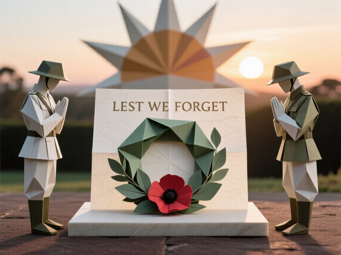 A Australian Anzac Day dawn service scene with a wreath laid at a quiet memorial.