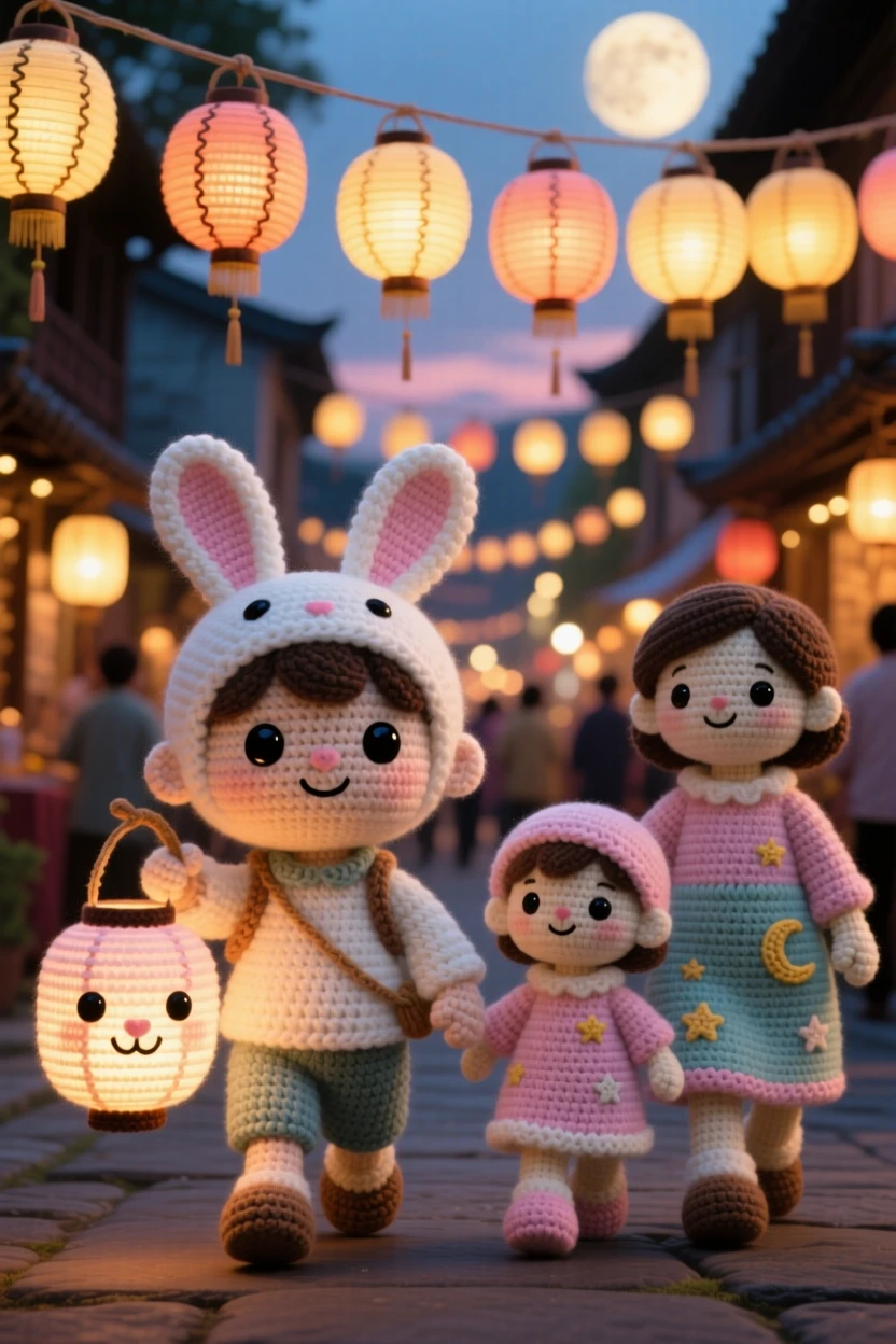 a small boy carrying a paper lantern shaped like a rabbit, for a moon festival, walking beside his family at dusk, at a bustling street decorated for a festival, with a row of glowing lanterns lining the path, radiating joyful community celebration and shared tradition.