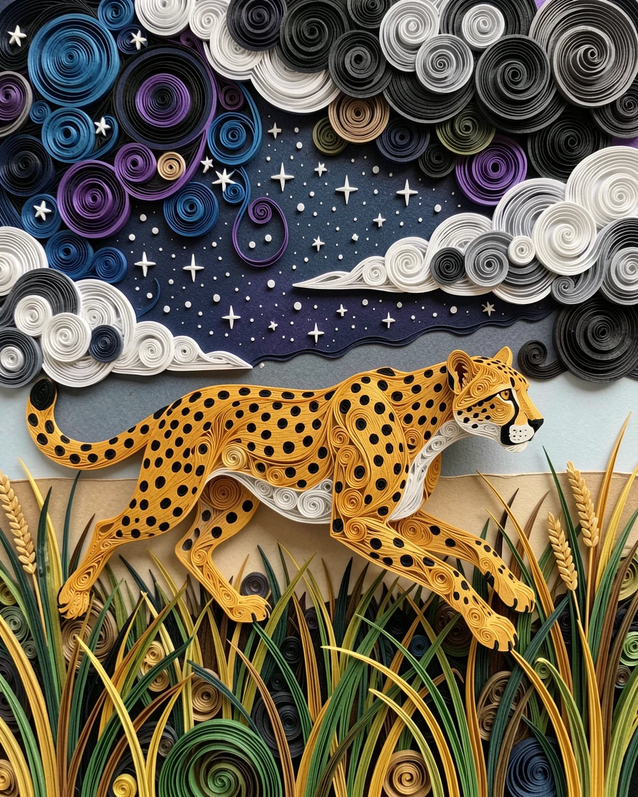 a cheetah mid-sprint chasing across the savanna, beneath a vast star-filled night sky, shot from a low, powerful ground-level angle, in the dramatic contrast of a stormy sky.