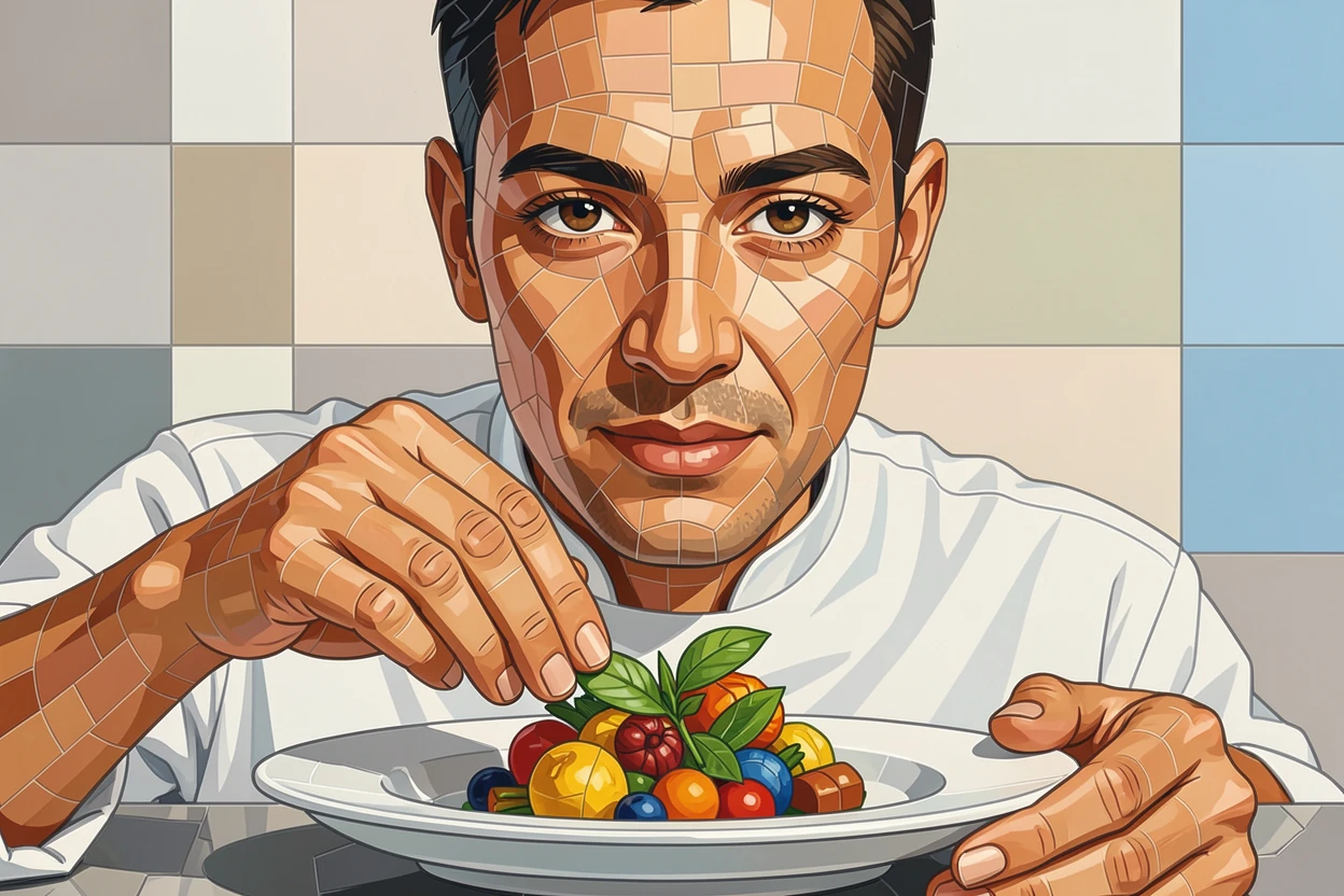 A close-up emotional portrait of a chef plating an elegant dish in a bustling professional kitchen, with striking eyes and gentle expression.