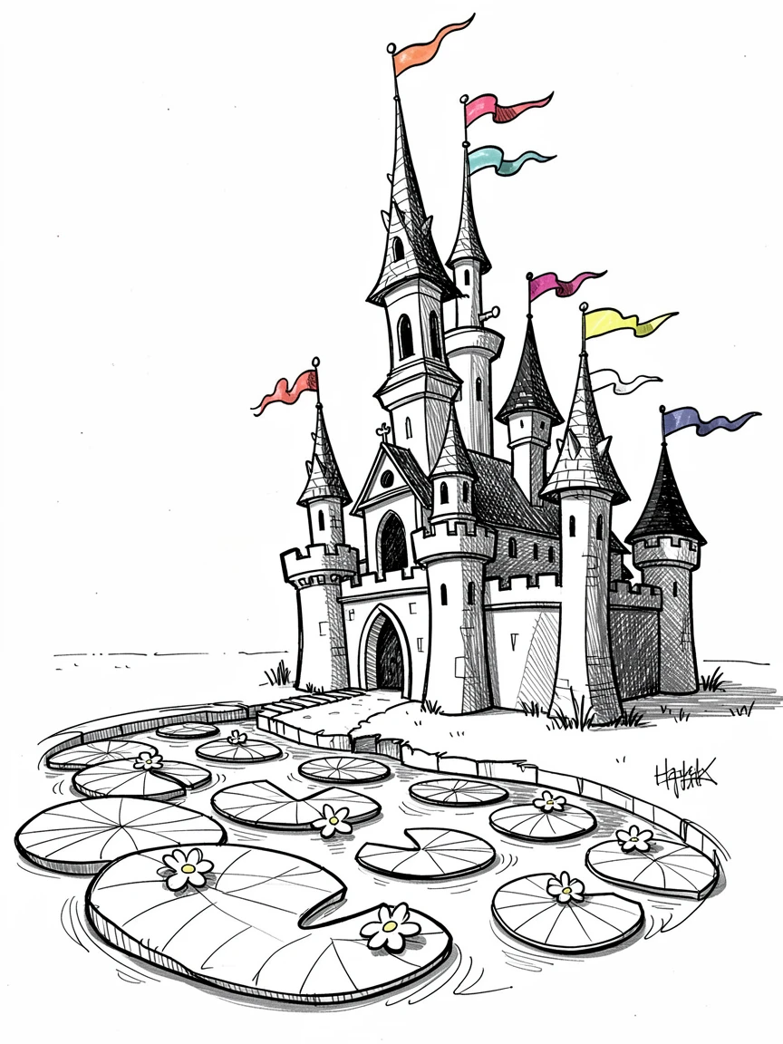 A towering castle with colorful flags on every turret beside a moat full of lily pads.