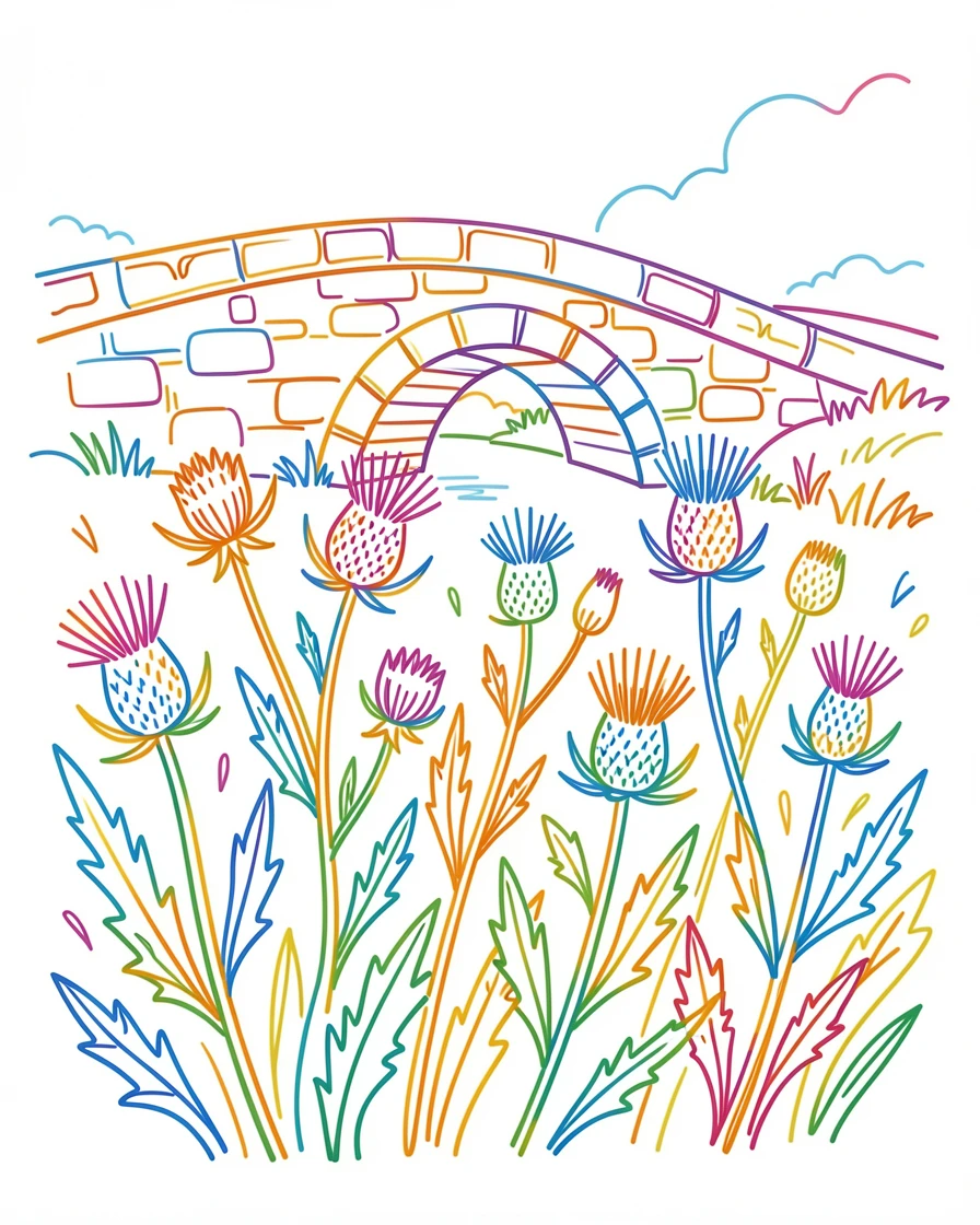A field of wild thistles swaying beside an old stone bridge.
