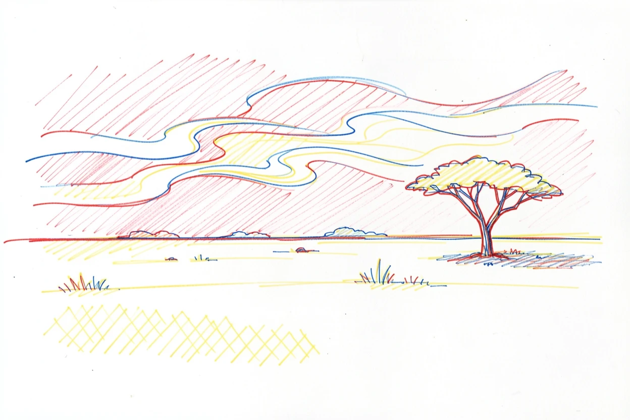 A dramatic summer heat mirage shimmering over an open savanna