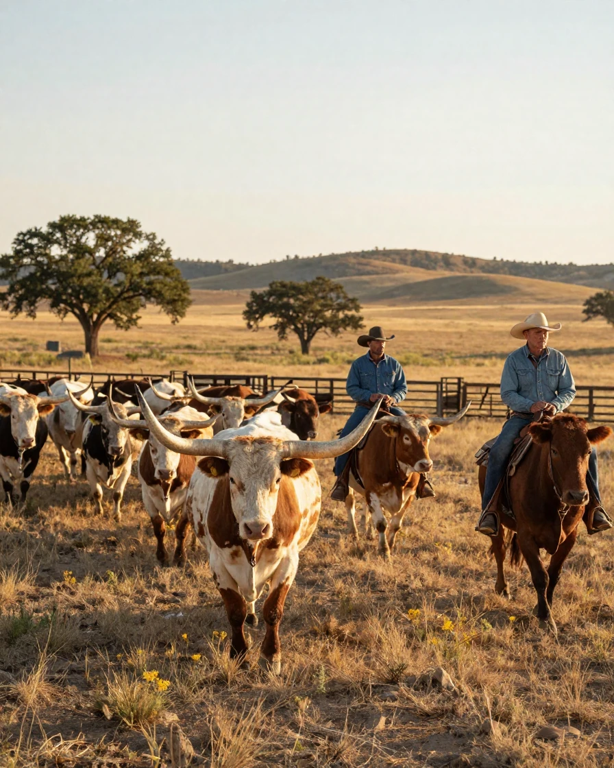 A Texas longhorn cattle drive across open ranchland