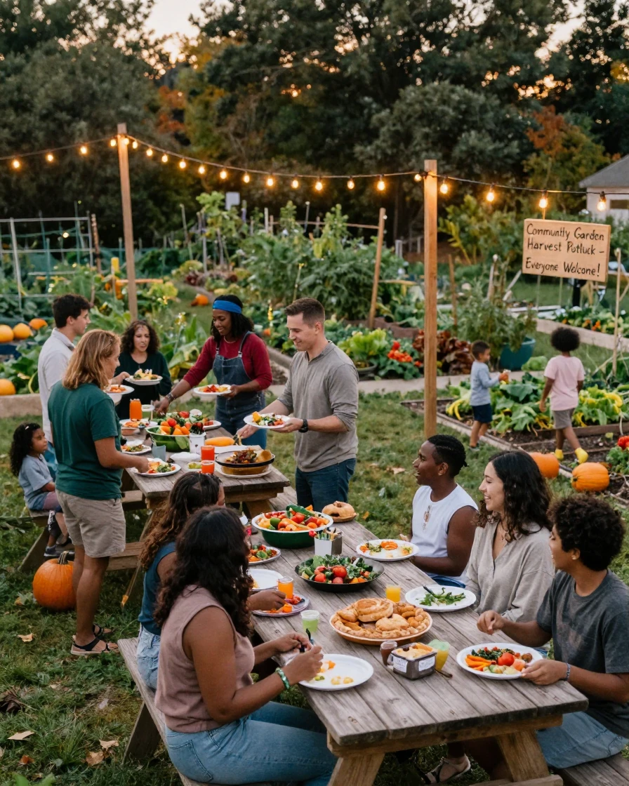 A community garden hosts a harvest potluck with tables spread beneath string lights.