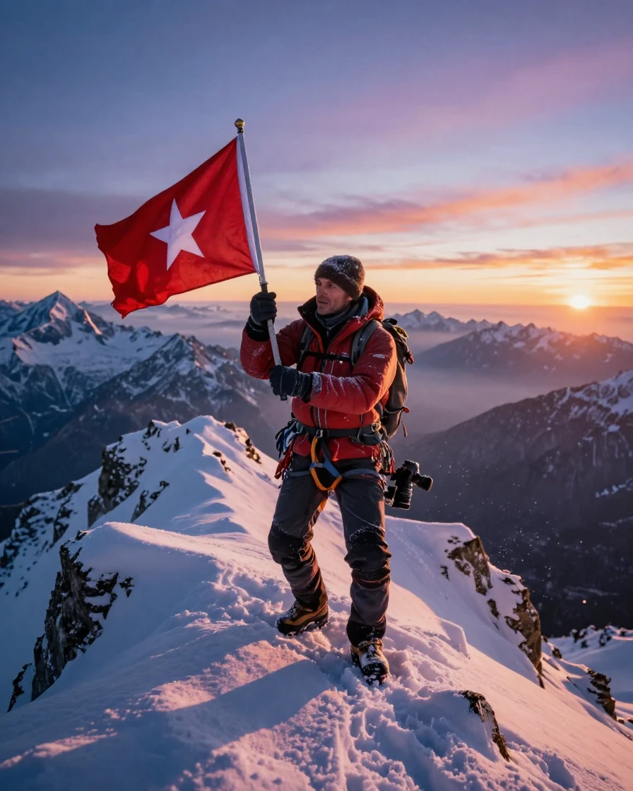 A mountaineer planting a flag on a snow-capped summit at sunrise