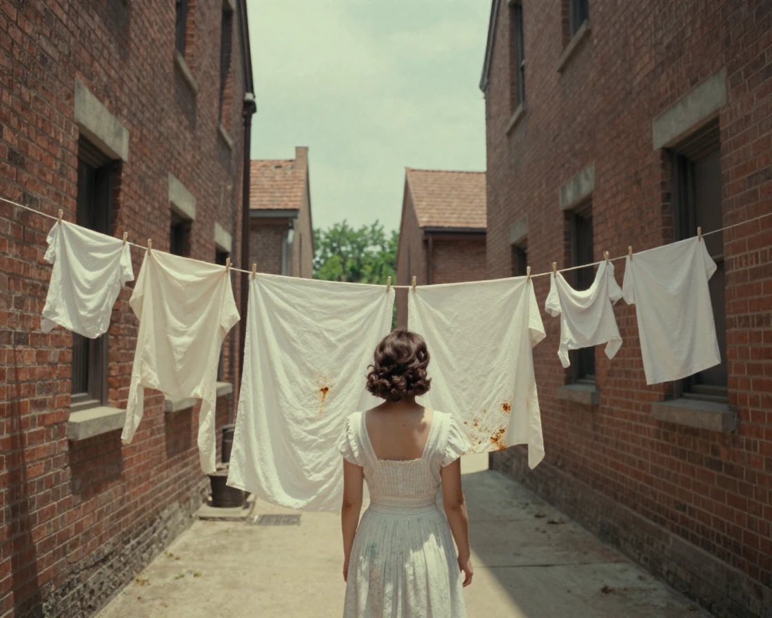 A woman hanging laundry between two buildings across an alley, in gentle diffused daylight, in crisp, dry air, in the height of summer, with muted olive and rust colors, from behind, looking toward the horizon.