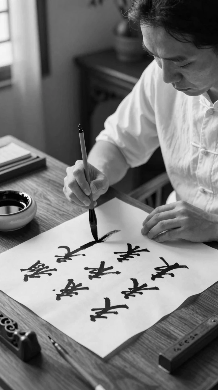 A calligrapher brushes elegant characters onto rice paper at a quiet writing desk.