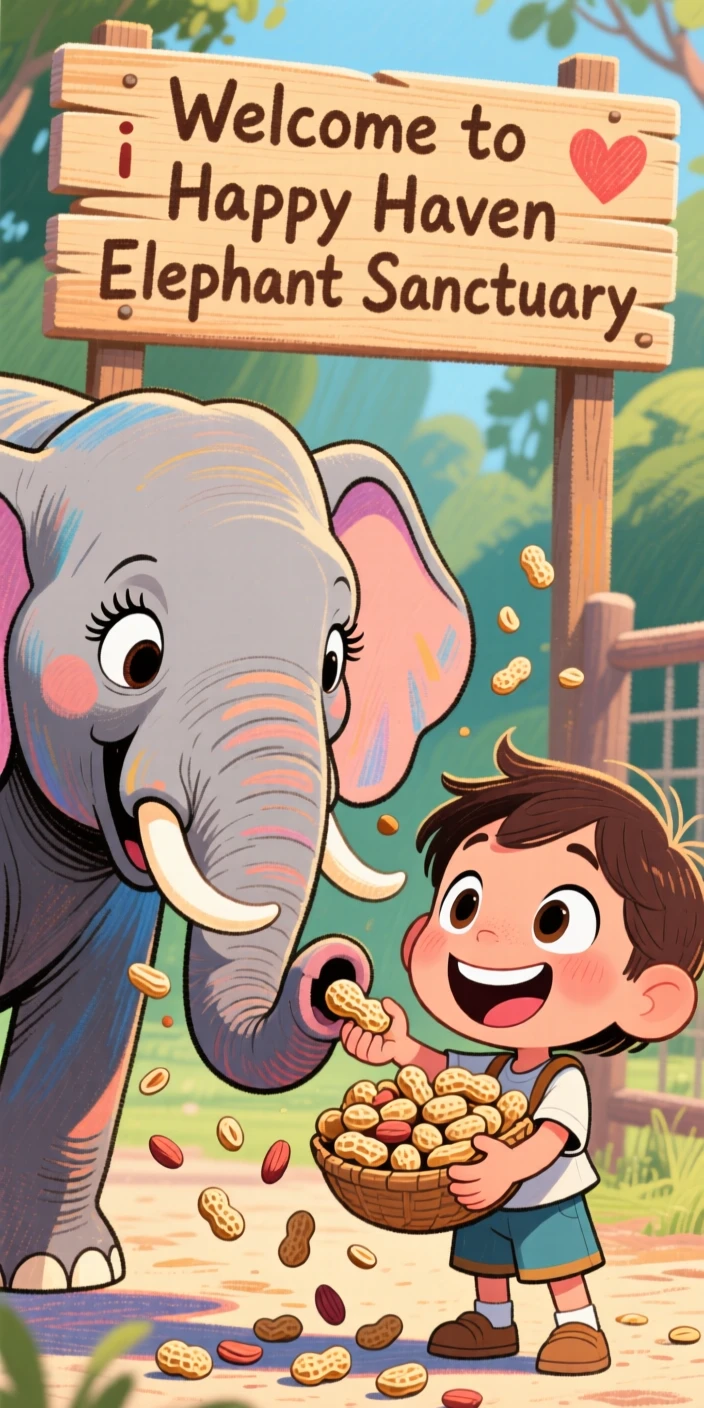 A child feeding peanuts to a friendly elephant at a sanctuary.