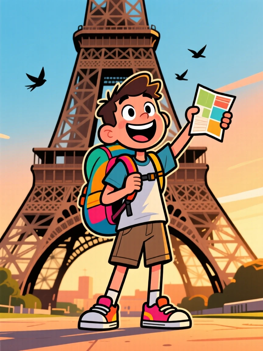 An iconic travel scene featuring a solo backpacker posing joyfully in front of the Eiffel Tower, as the golden afternoon light glows around them.