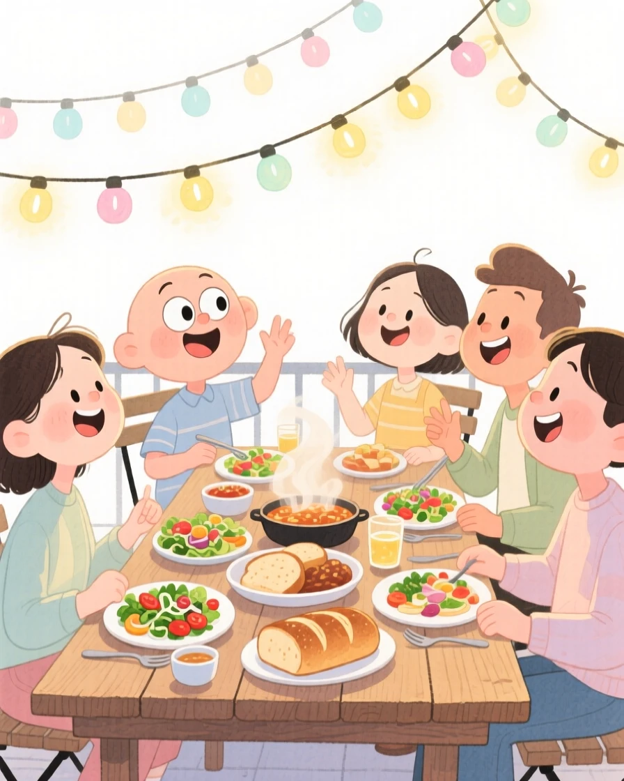 A cozy, appetizing, bright and cheerful scene of a rooftop dinner table strung with fairy lights