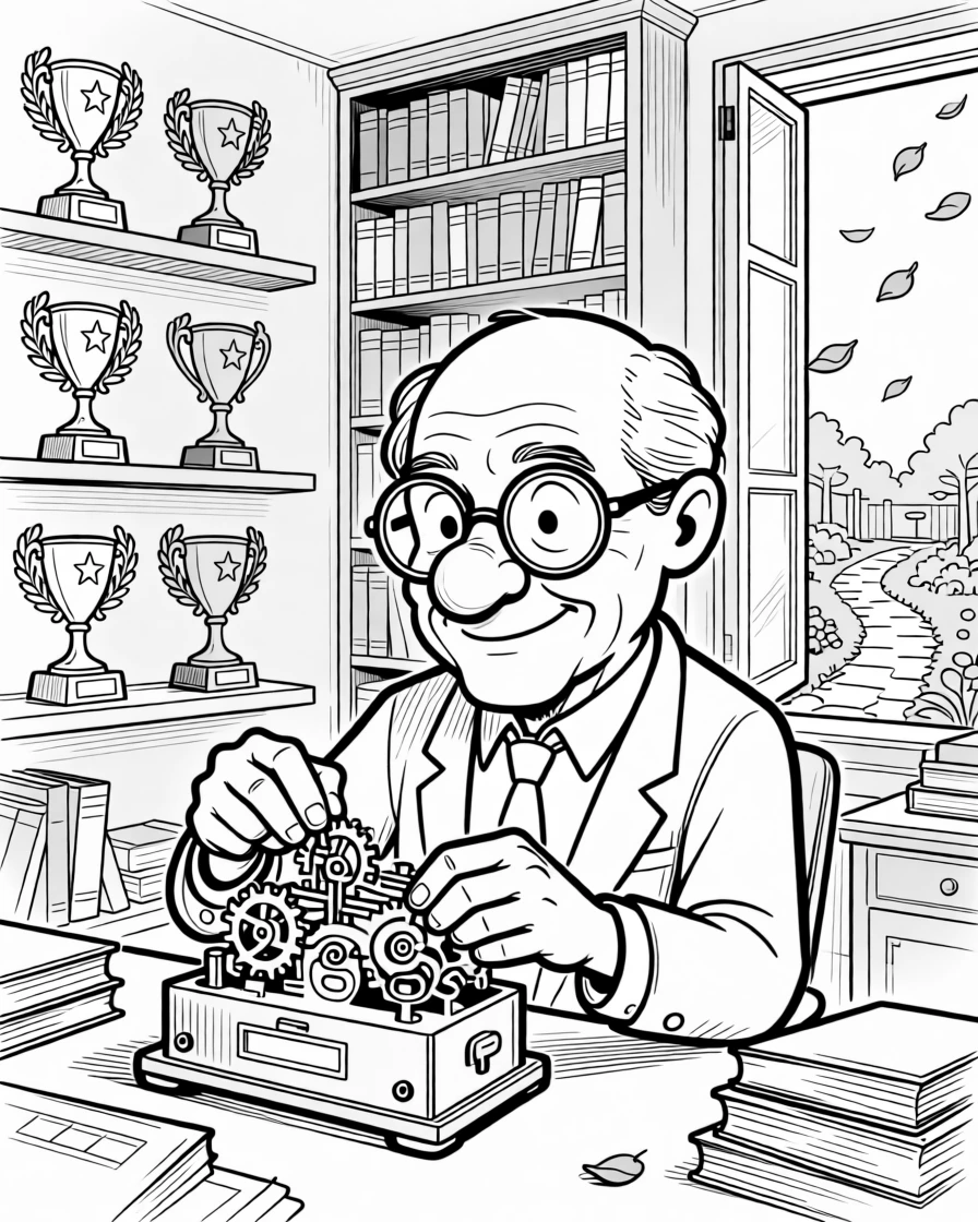 An old librarian recommending a favorite dusty novel, adjusting tiny gears with surprising precision, set in a den lined with dusty trophies. Rose petals drift gently onto the garden path. It feels like a living memory, cherished and ongoing.