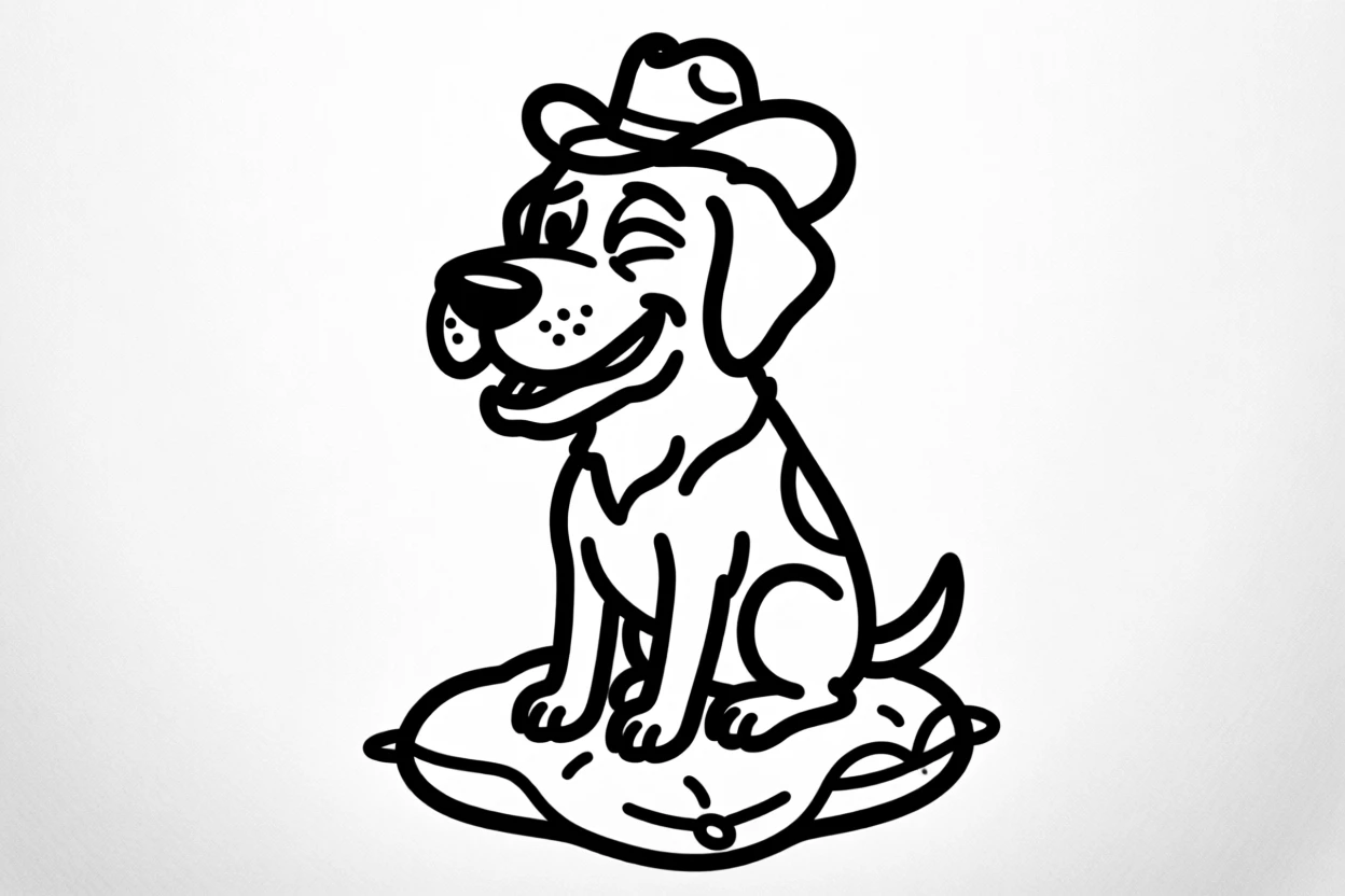 A black lab wearing a tiny cowboy hat, sitting proudly on a saddle-shaped cushion.