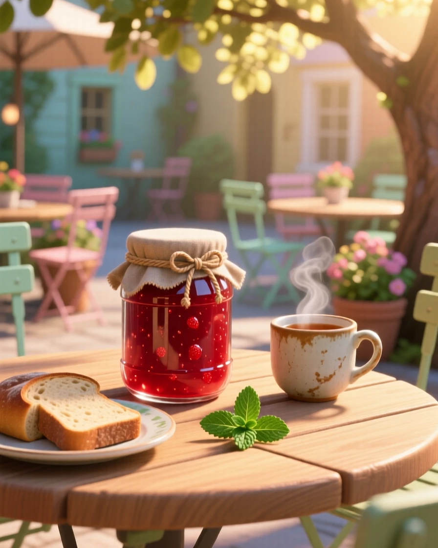 A jar of homemade strawberry jam sits at a sunny outdoor cafe table, with sunlight catching the glossy glaze. A comforting, homey feeling fills the moment.