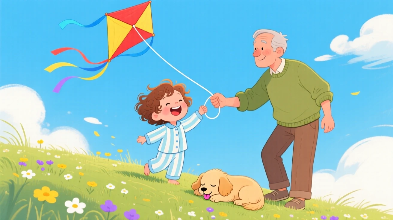 A young child in pajamas laughs while flying a kite on a breezy hilltop together with his kind uncle, while a puppy dozes nearby.
