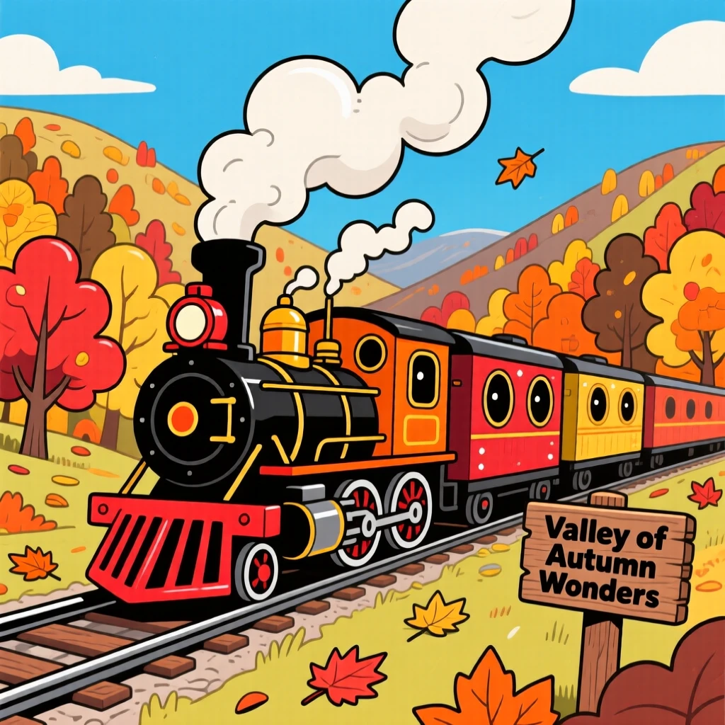 A steam train chugging through a valley of autumn foliage.