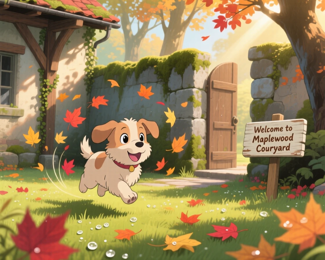 A puppy chasing falling leaves in a courtyard, with morning dew glistening on the grass nearby, radiating pure charm.