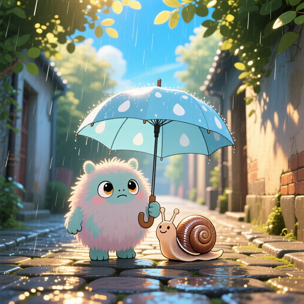 A small fuzzy monster sharing its umbrella with a snail, framed as a wide establishing shot within a rainy cobblestone alley, under a clear summer sky, glowing under dappled sunlight through a canopy, evoking proud determination.