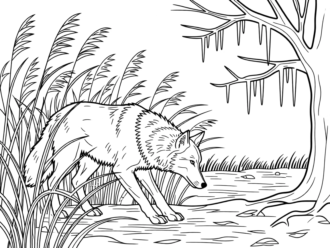 A wolf stalking prey through tall reeds, with icicles hanging from nearby branches.